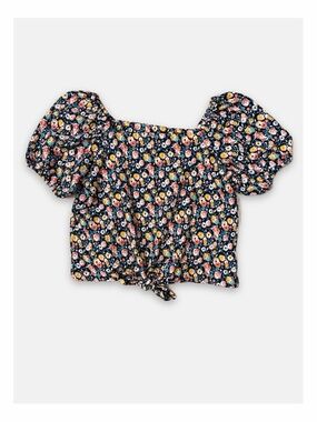 Loft Square-Neck Puff Sleeve Floral Tie-Front Top Women's Small Festival Spring